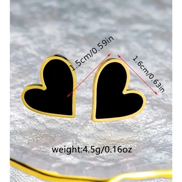 NWT14K Gold Boho Black & Gold Trim Heart-Shaped Stud Earrings - Picture 3 of 4